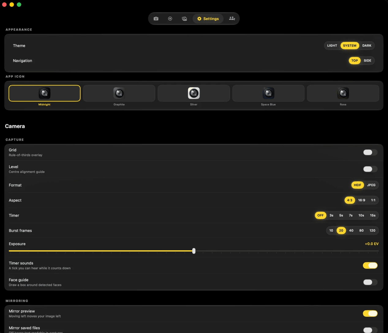 Cappture's settings, showing the capture options and icon picker